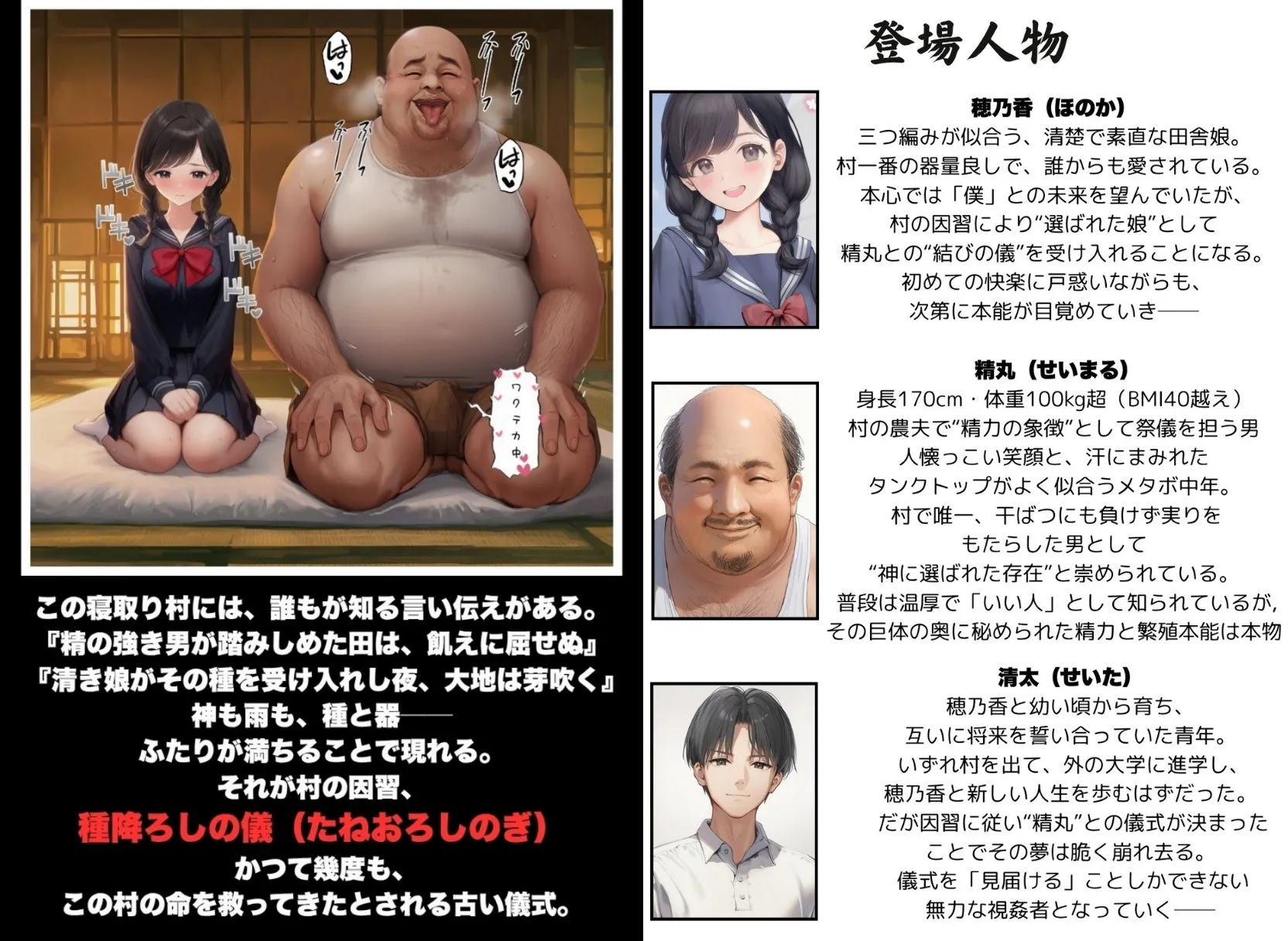 【因習村】村の飢饉を救うため差し出された僕の彼女、BMI40越えで性欲だけはいっちょまえの種付けおじさんに媚薬を飲まされ、おじさん特有のねちっこい前戯で全身べちょべちょに舐められたあげく、聖なる肉棒（チンカス付き）の掃除を実施！ その後はついに処女おまんこにゴールイン！入念かつ丹念にがん突きにされ、イキまくりんぐ！一晩中汗だくで連続絶頂アクメを決めさせられた話。 「穂乃香ぁ〜、オラの精、まるごと受け止めてくんろぉ〜〜！」